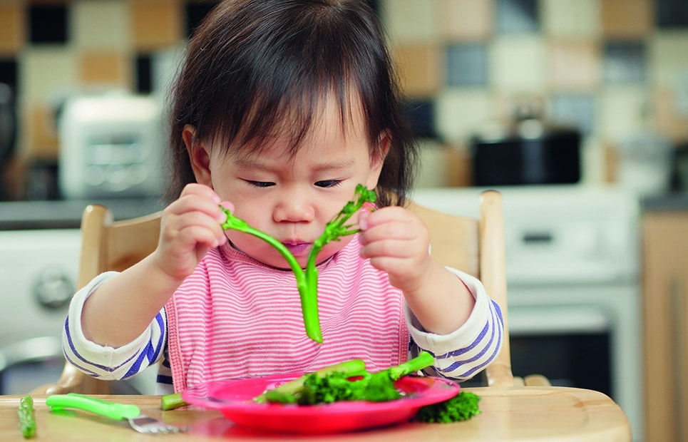 Man sieht ein kleines Mädchen, welches nur mit dem Gemüse spielt, anstatt es zu essen